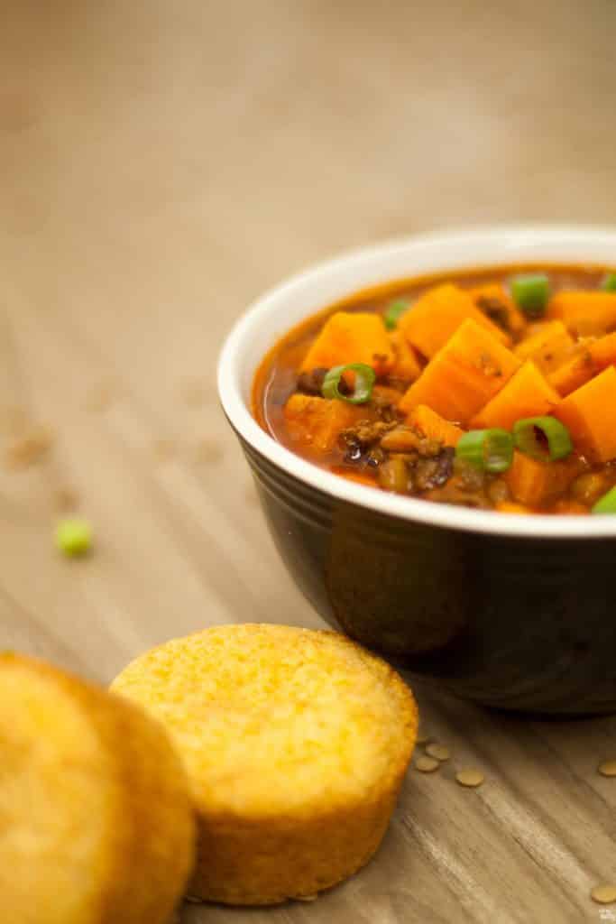 This sweet potato chili is slow-simmered all day long for an amazing depth of flavor, and the surprising addition of sweet potatoes and lentils make it anything from boring, find it at callmebetty.com
