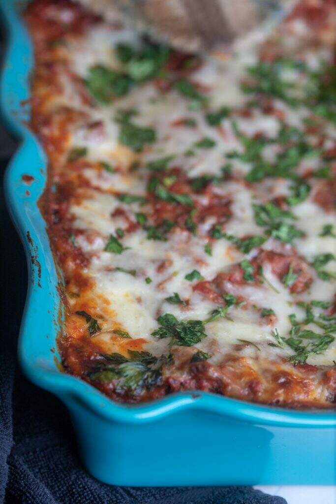 easy homemade lasagna in casserole dish