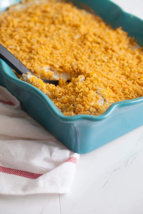 Cheesy Potato Casserole with spoon