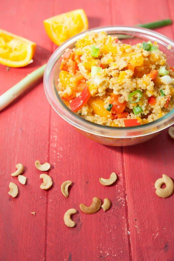 Orange cashew quinoa is an easy, healthy, and quick to make side. The bell peppers and cashews add an interesting and unexpected crunch, while mandarin oranges and orange juice add a delightful sweetness. This zesty quinoa won't disappoint.