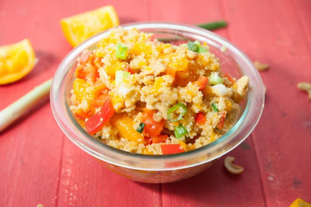 Orange cashew quinoa is an easy, healthy, and quick to make side. The bell peppers and cashews add an interesting and unexpected crunch, while mandarin oranges and orange juice add a delightful sweetness. This zesty quinoa won't disappoint.