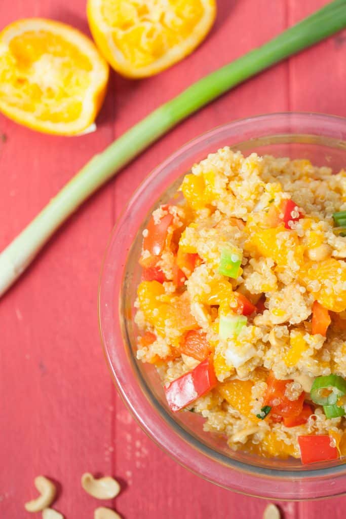 Orange cashew quinoa is an easy, healthy, and quick to make side. The bell peppers and cashews add an interesting and unexpected crunch, while mandarin oranges and orange juice add a delightful sweetness. This zesty quinoa won't disappoint.