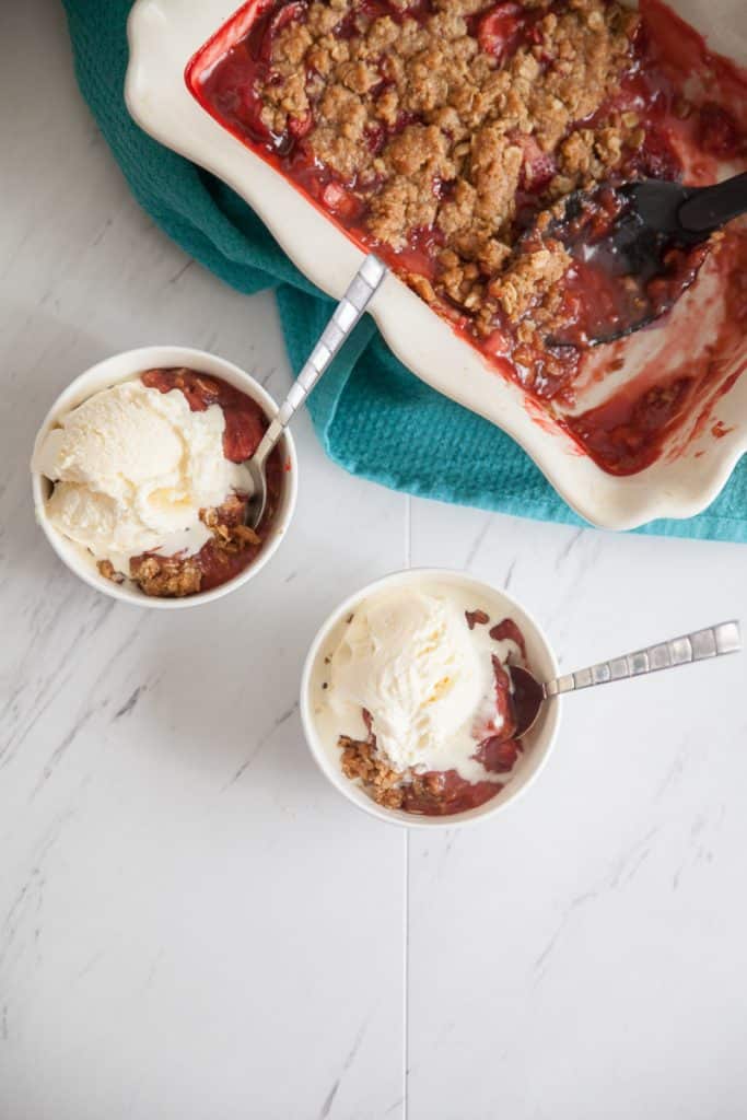 Strawberry Rhubarb Crumble: This tart and tangy dessert is made with a crisp, whole grain, crumb topping. Lightly flavored with cinnamon, this spring dessert recipe is the perfect marriage of strawberries and rhubarb. We love this treat.