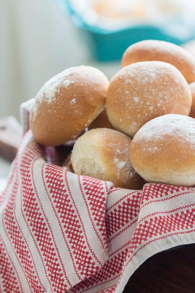 Crusty French Bread Rolls in Basket 