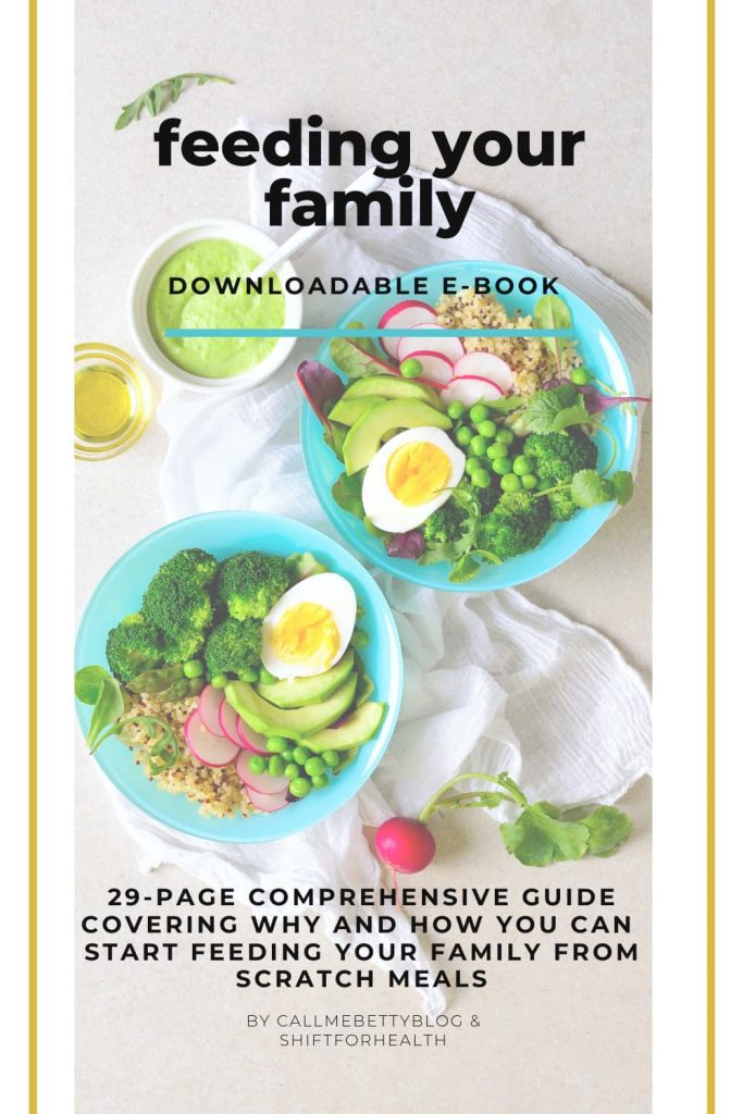 book cover feeding your family ebook, text on top of shot of two plates of healthy food